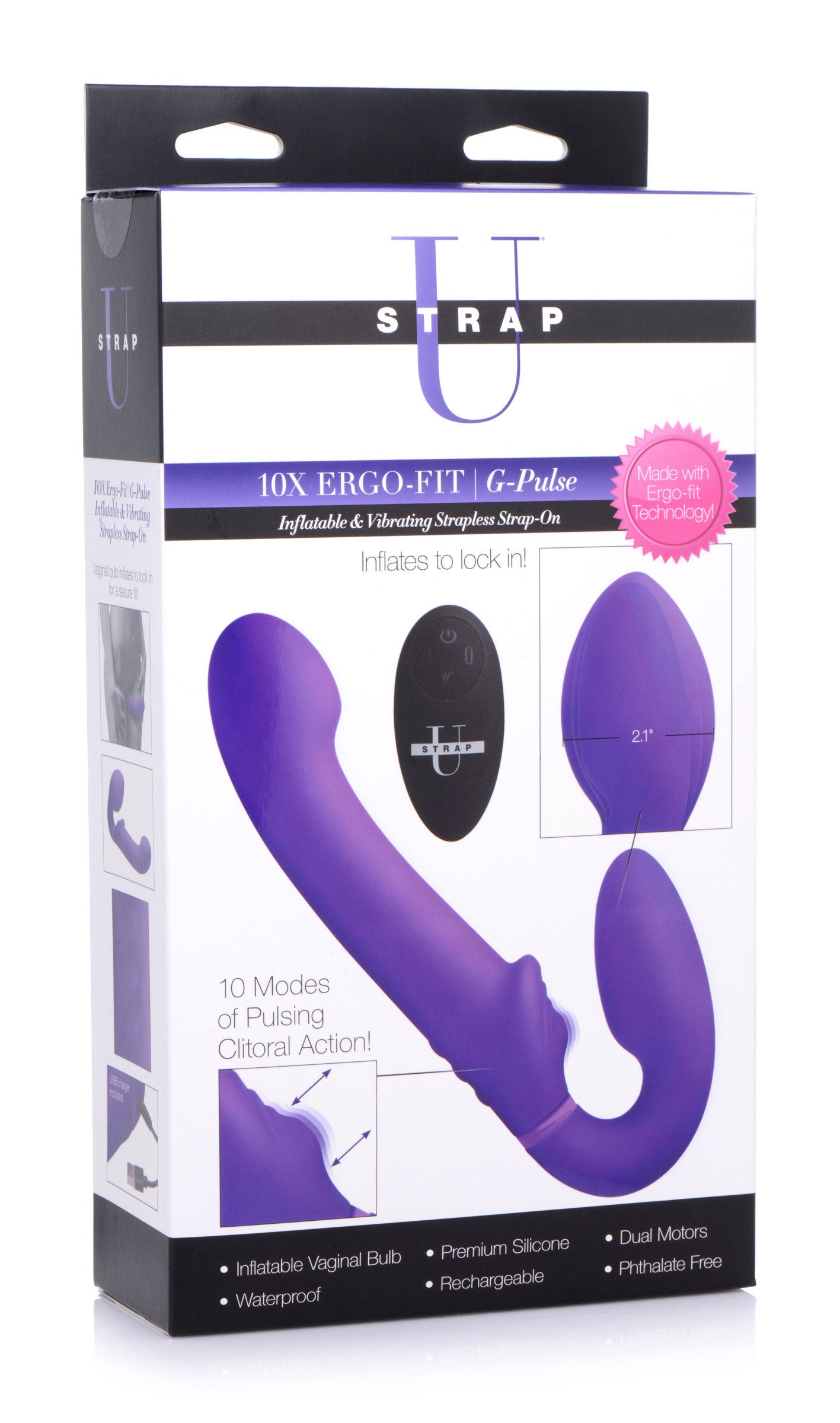 10x Ergo- Fit G-Pulse Inflatable and Vibrating  Strapless Strap- on - Purple