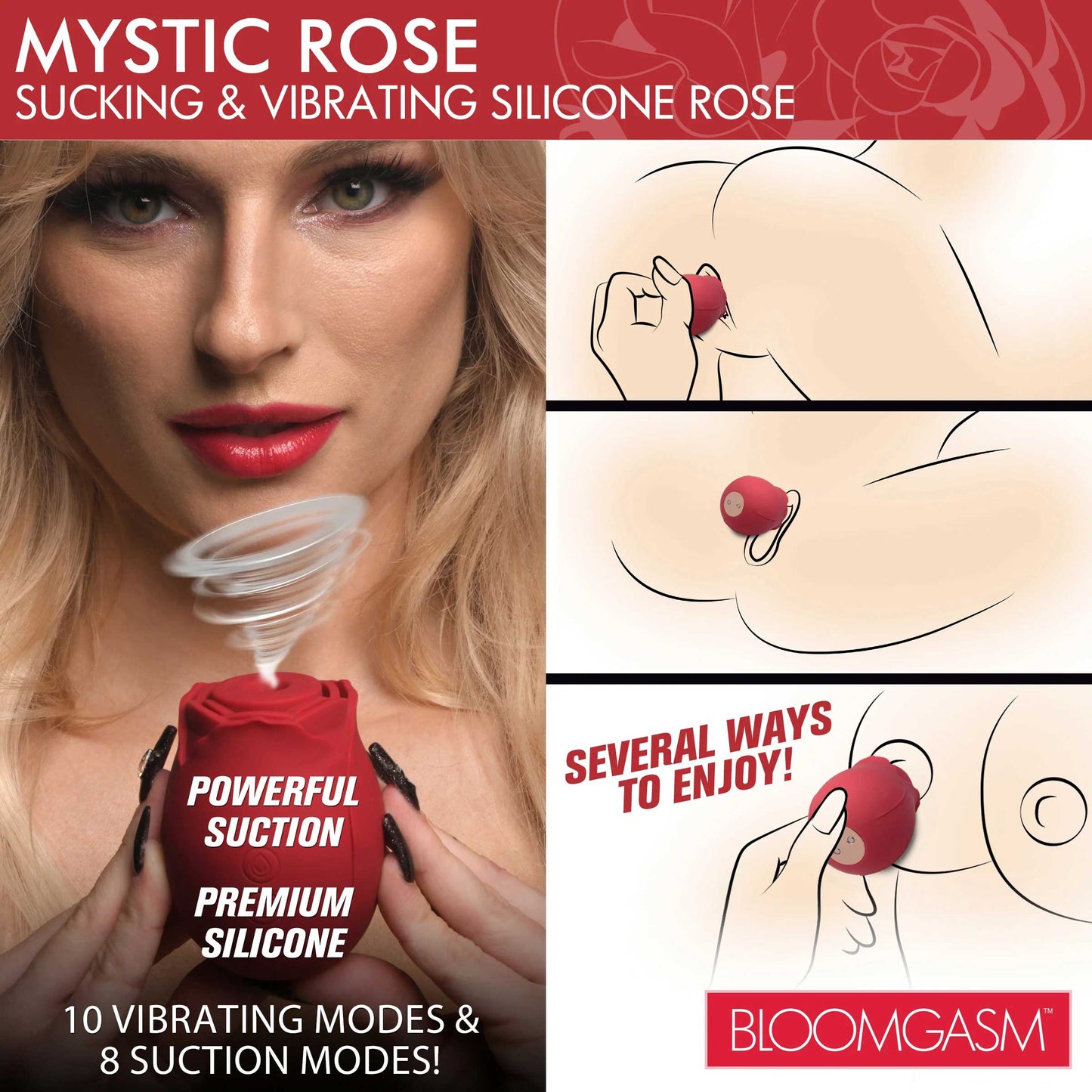 Mystic Rose Sucking and Vibrating Silicone Rose -  Red