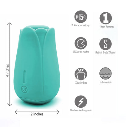 Tulip Pro 15-Function Suction Vibe With Wireless  Charging - Teal Blue